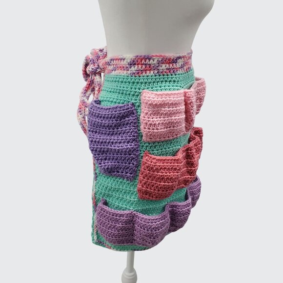 Egg Collecting Apron Blue Pink Purple Yarn Handmade Crochet Apron - Picture 4 of 5